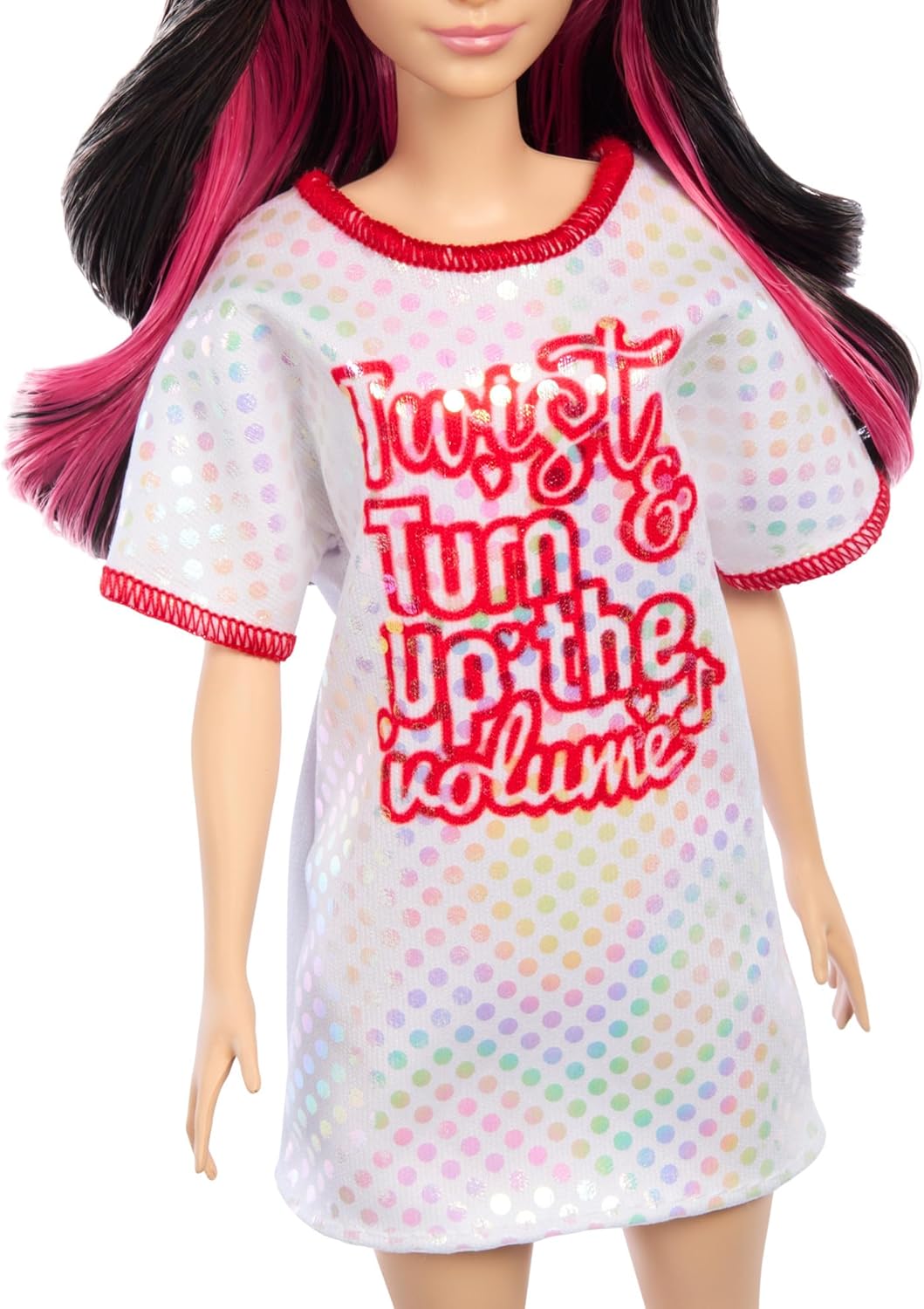 Barbie Fashionistas-Puppe in einem weißen T-Shirt-Kleid mit schimmernden Polka Dots
