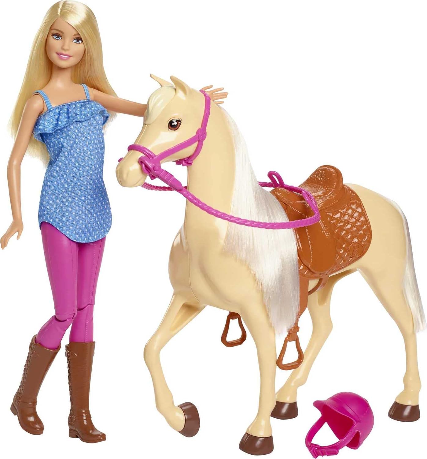 Barbie - Set da gioco con bambola e cavallo, Cavaliera bionda e cavallo marrone chiaro, dai 3 anni in su