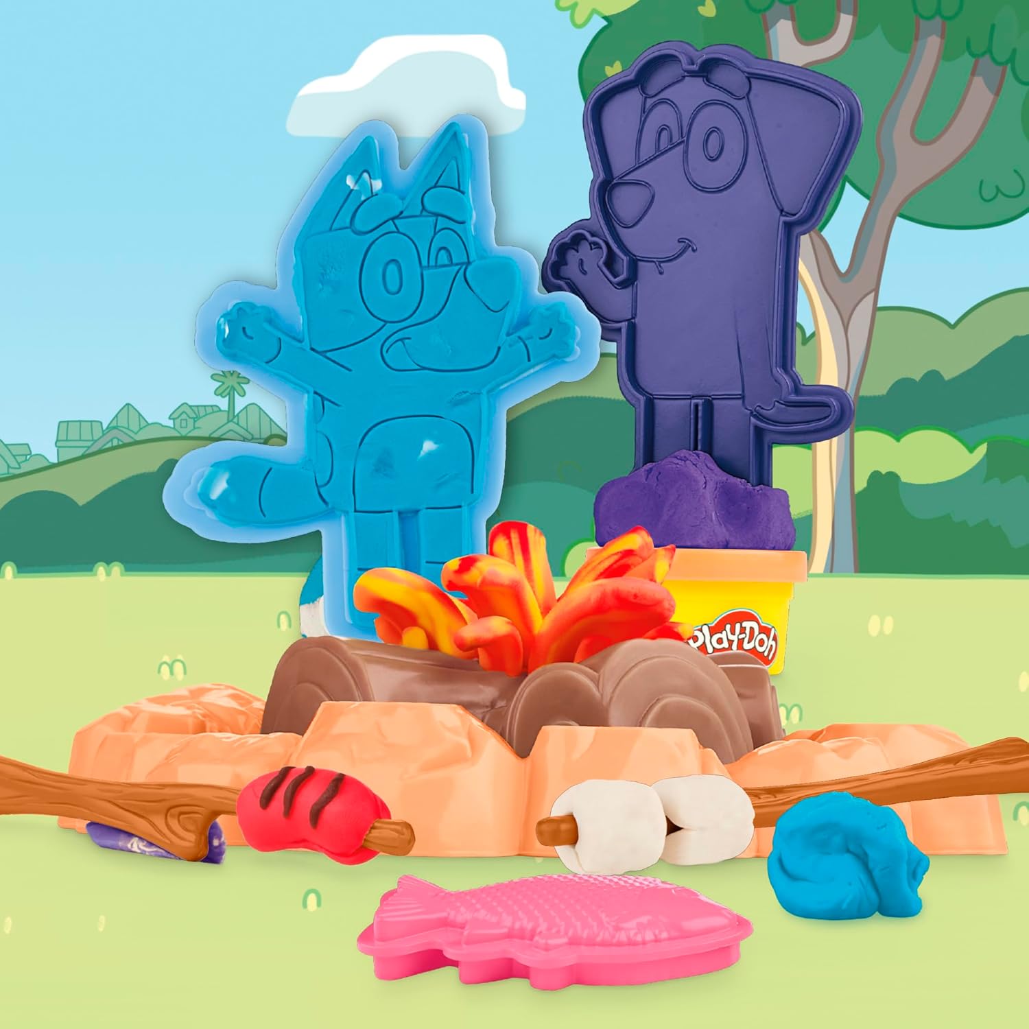 Play-Doh Bluey Goes Camping-Spielset, Lagerfeuer-Abenteuer mit Bluey, Bingo und Jean-Luc, Kunst- und Bastelspielzeug für Kinder ab 3 Jahren