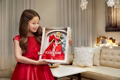 Barbie Signature – Barbie-Puppe für die Feiertage 2019 in atemberaubendem rot-weißem Kleid mit festlichem Feiertagsdruck und silbernen Glitzerdetails
