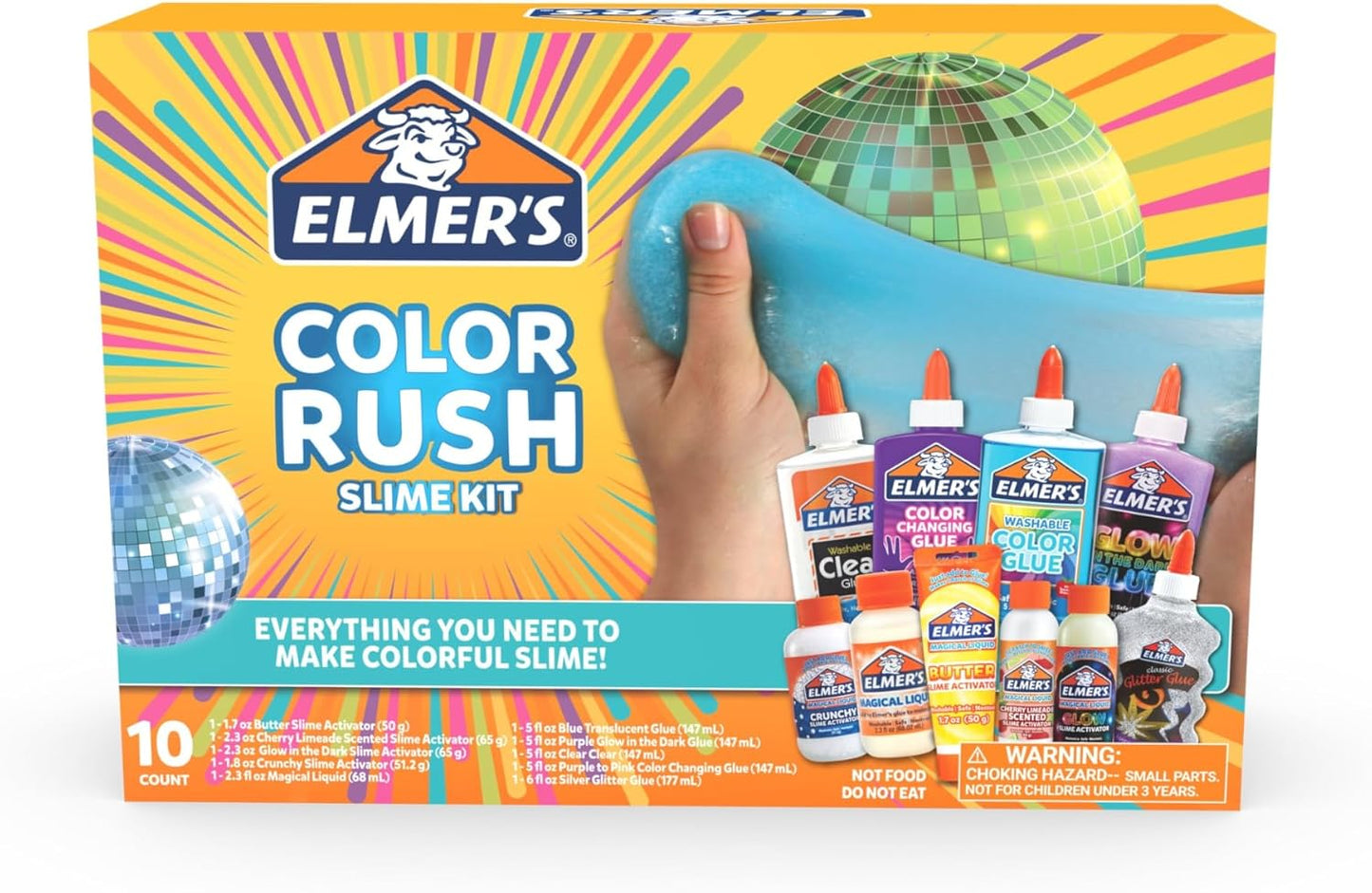 Elmer’s Color Rush 10-teiliges Schleim-Set zum Mischen, Kombinieren und Erstellen von farbverändernden, leuchtenden, knusprigen und butterfarbenen Schleimen, ungiftig, ab 6 Jahren