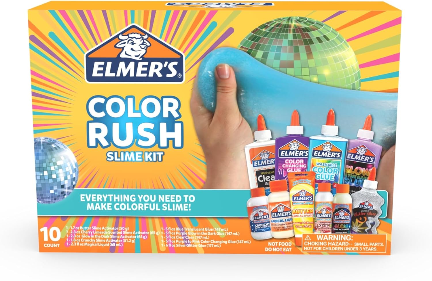 Elmer’s Color Rush 10-teiliges Schleim-Set zum Mischen, Kombinieren und Erstellen von farbverändernden, leuchtenden, knusprigen und butterfarbenen Schleimen, ungiftig, ab 6 Jahren