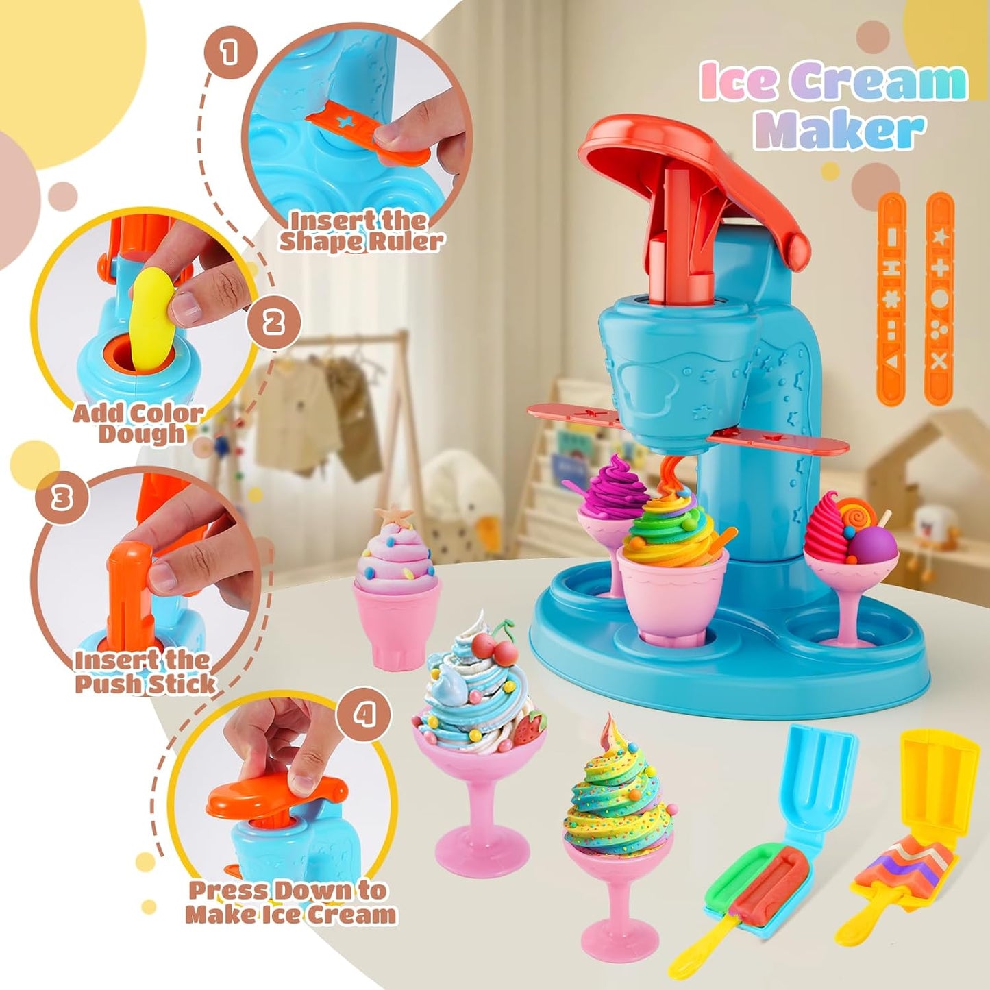 3-in-1-Farbspielknete-Set für Kinder, Eiscreme-, Hamburger- und Nudelmacher-Spielzeug, 12-Farben-Teig-Kunst- und Bastelset für Kinder im Alter von 3–12 Jahren
