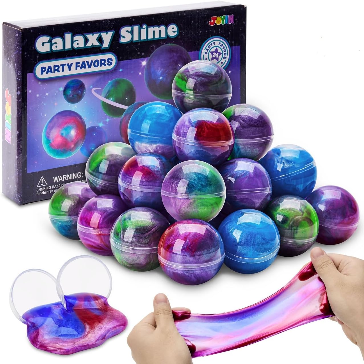 JOYIN Galaxy Slime Party Favors, paquet de 24 boules de slime extensibles, jouets sensoriels non collants, sans dégâts et sûrs pour enfants, fournitures de fête parfaites et récompenses en classe