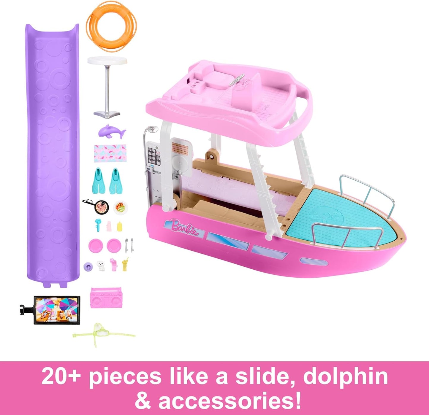 Barbie Dream Boat Spielset, 20+ Ozean-Zubehör, Pool, Rutsche und Delfin, ab 3 Jahren
