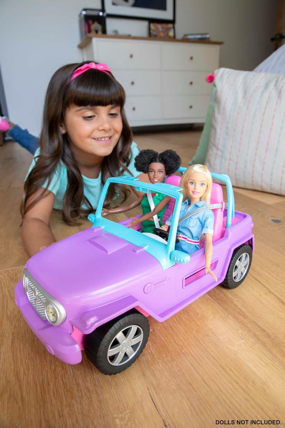 Barbie-Geländewagen in Lila mit rosa Sitzen und rollenden Rädern für Kinder im Alter von 3–7 Jahren