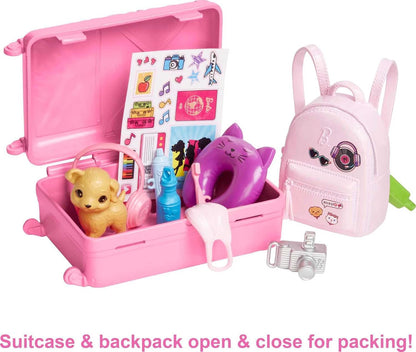 Poupée Barbie et accessoires, ensemble de voyage avec chiot et plus de 10 pièces