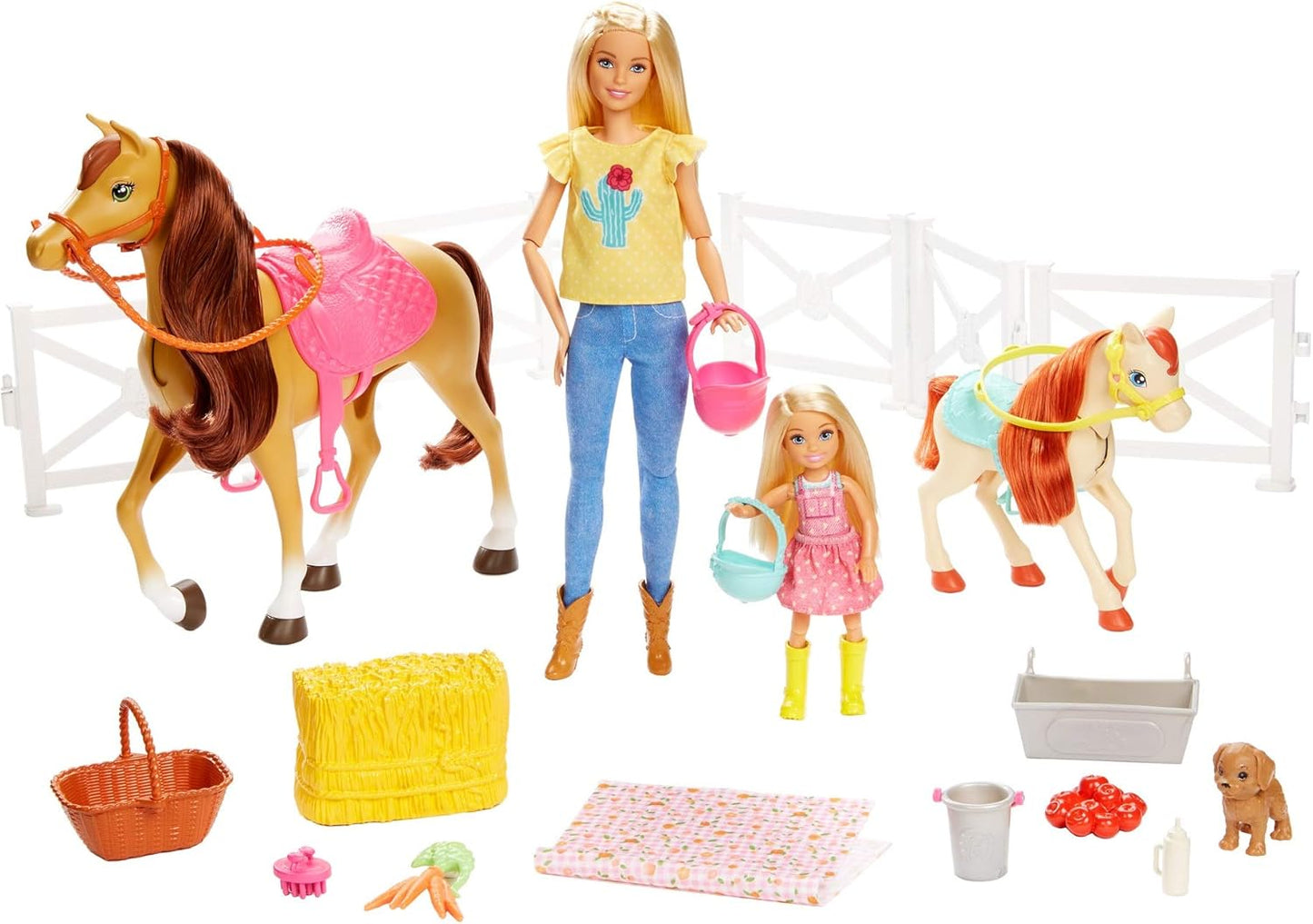 Barbie Hugs 'n Horses Spielset mit Barbie- und Chelsea-Puppen, 2 Pferden mit Wackelköpfen und mehr als 15 Zubehörteilen ab 3 Jahren