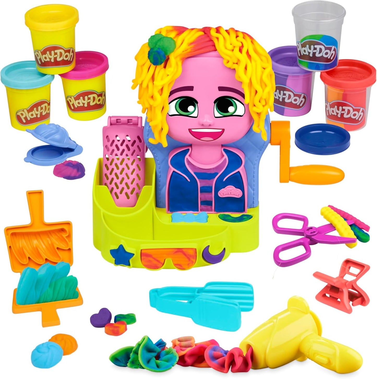 Play-Doh Hair Stylin’ Salon-Spielset. Erstellen Sie verrückte Frisuren mit 6 Play-Doh-Farben. Rollen Sie ein Salonspielzeug für Kinder ab 3 Jahren