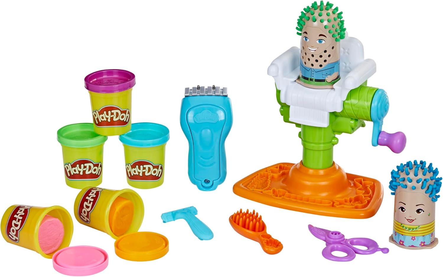 Play-Doh Buzz ’n Cut Fuzzy Pumper Barber Shop-Set, elektrischer Summer und 5 Farben, ab 3 Jahren
