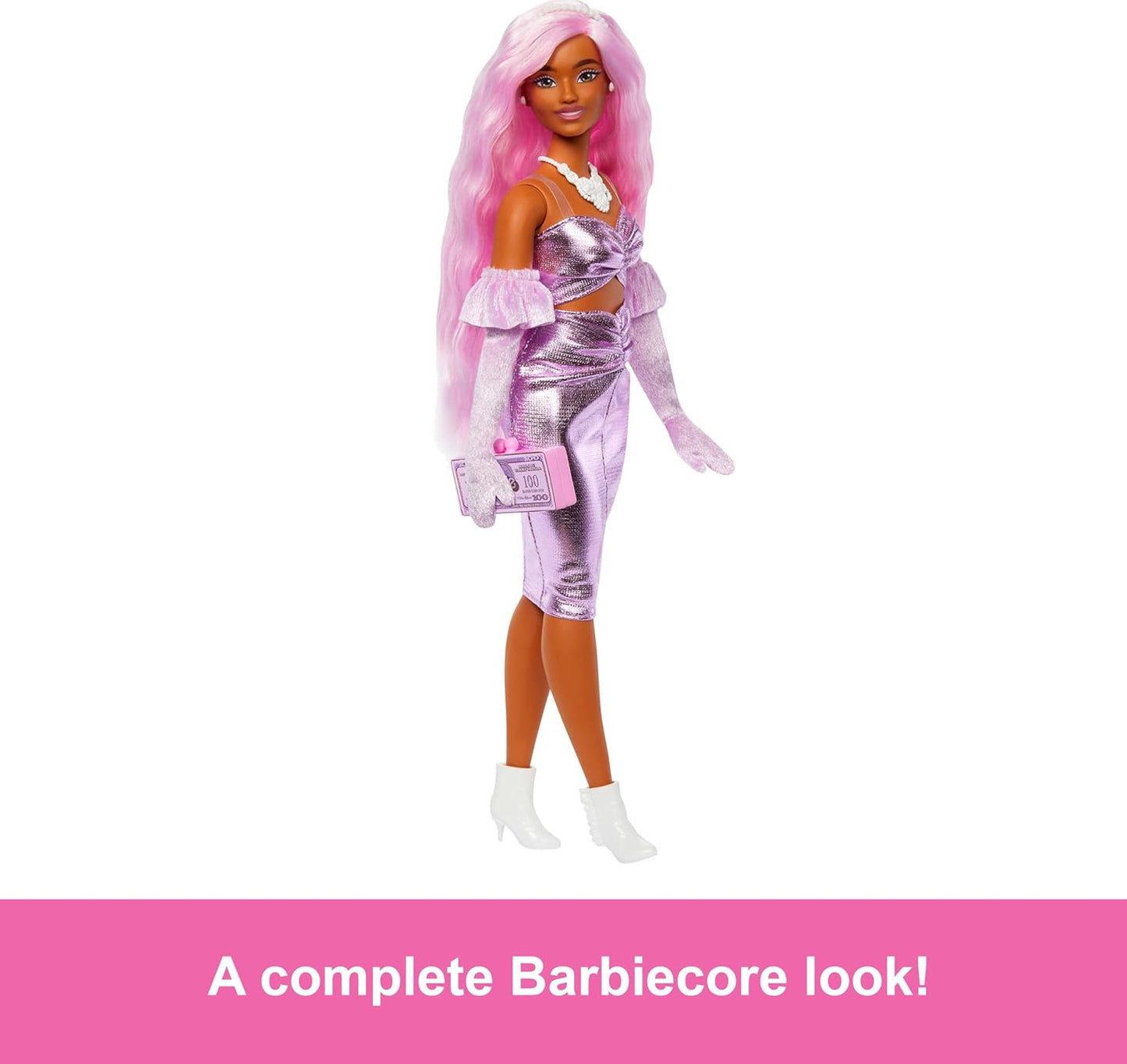 Poupée Barbie Deluxe Style dans une robe midi rose brillant