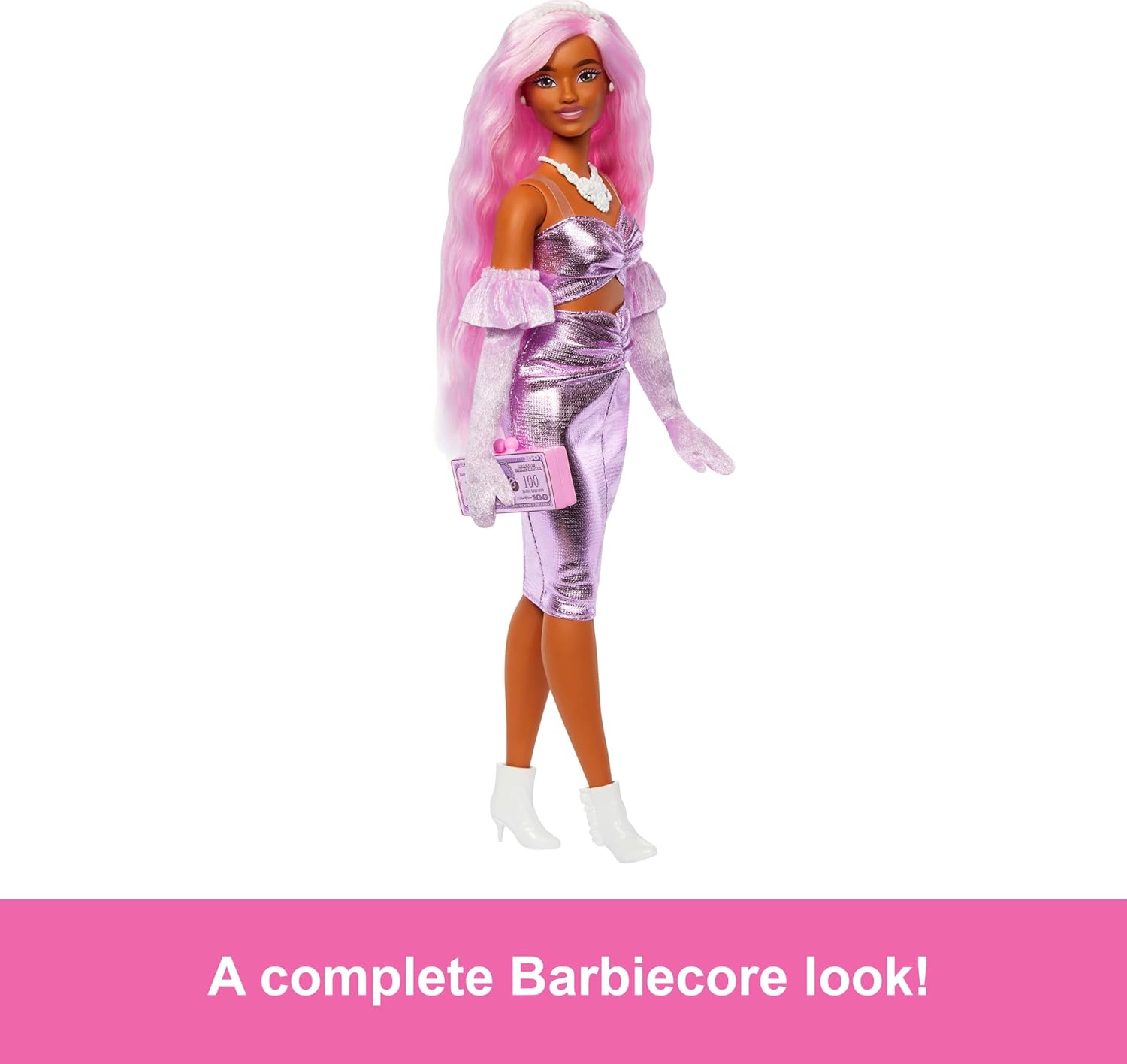 Poupée Barbie Deluxe Style dans une robe midi rose brillant