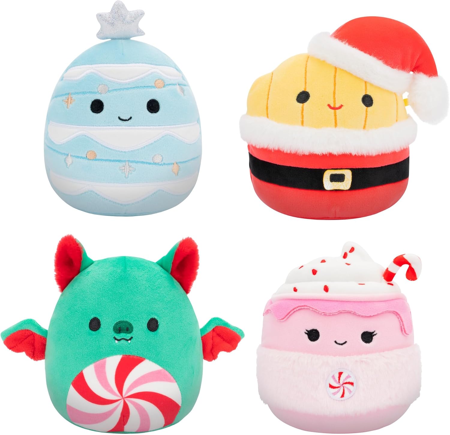 Squishmallows Weihnachten 4er-Pack – heiße Ethel-Schokolade, Floyd-Pommes Frites, Keiko Blue Christmas Tree, Ricardo-Pfefferminz-Fledermaus