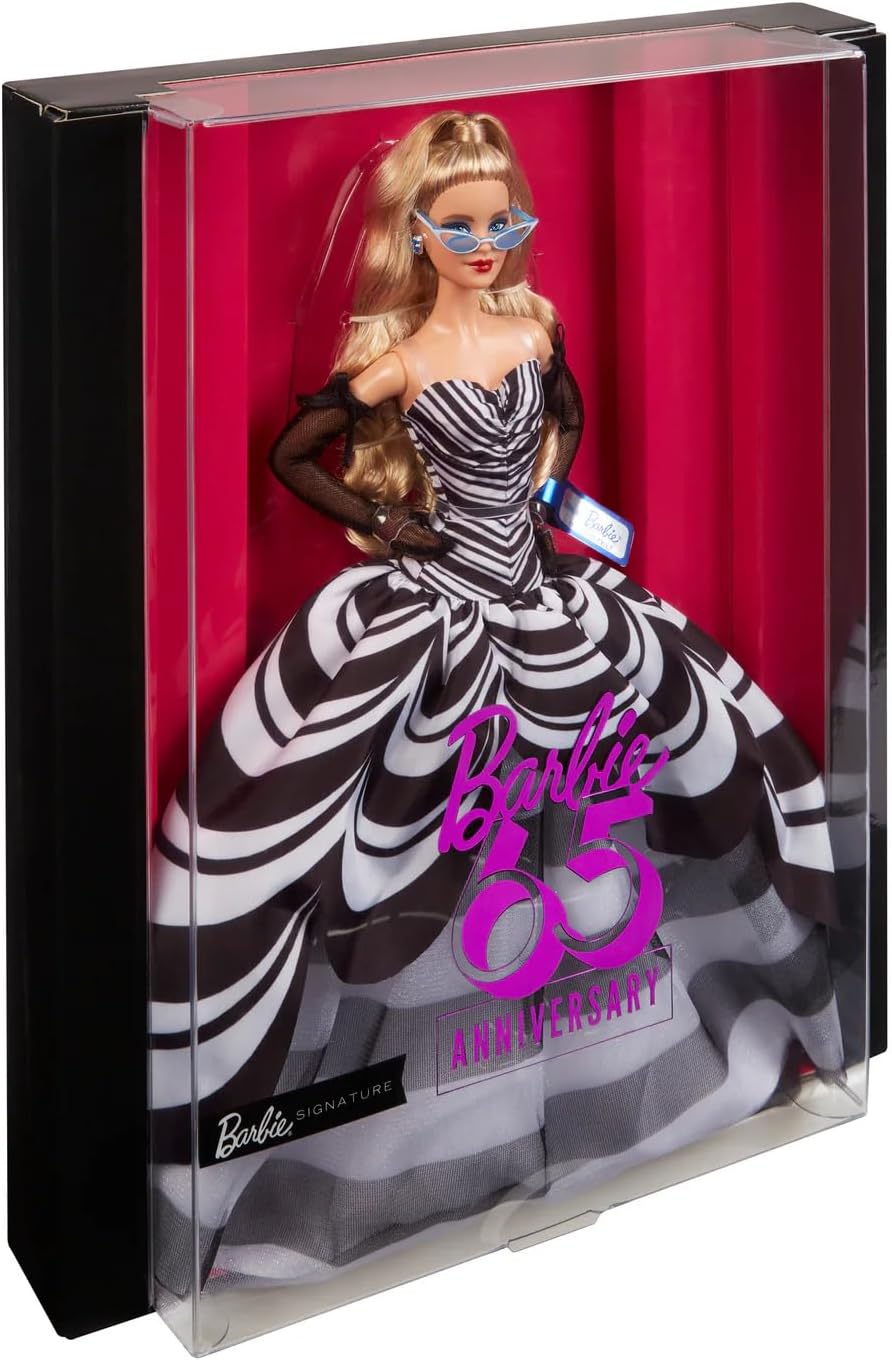 Barbie Signature-Puppe, Sammlerstück zum 65. Jubiläum mit blonden Haaren, schwarz-weißem Kleid