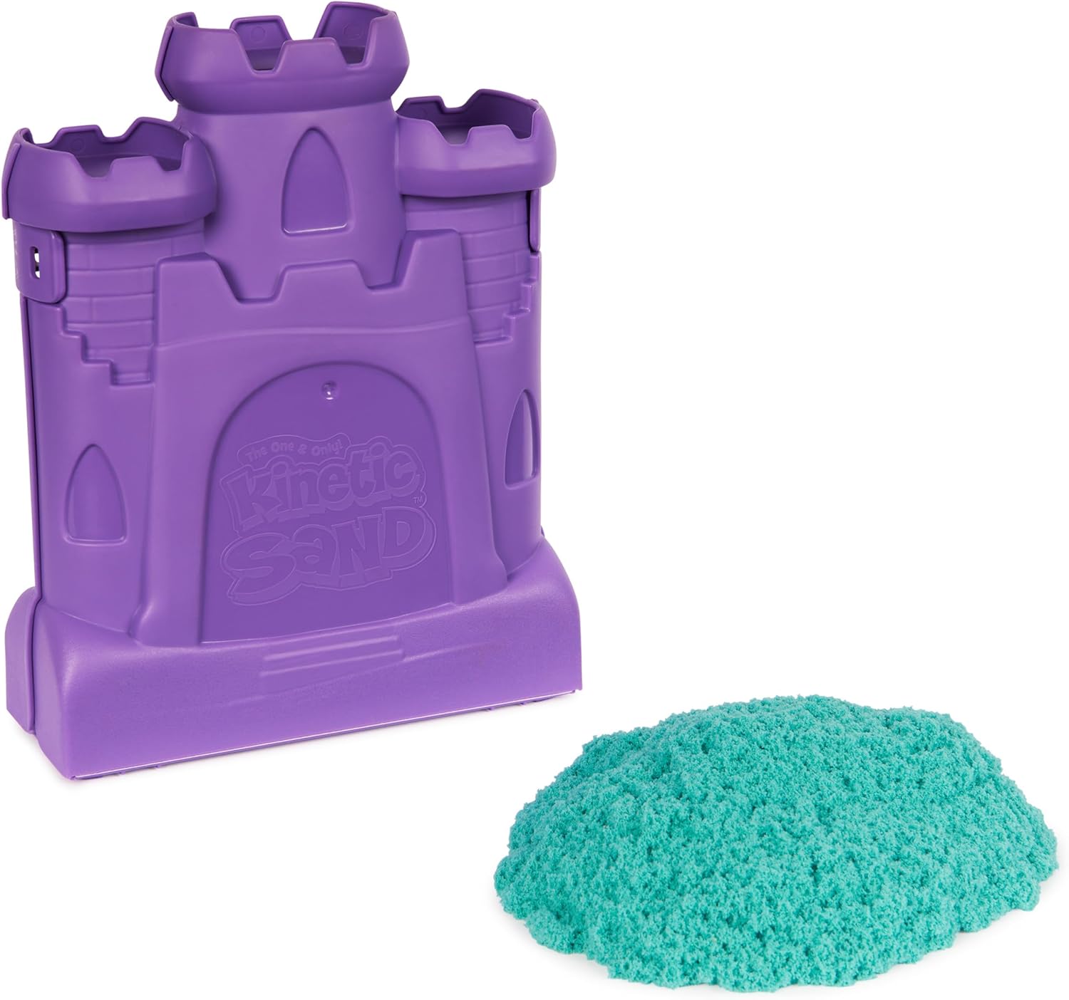 Kinetic Sand, Castle Case 454g avec sable de jeu bleu sarcelle, conteneur de stockage
