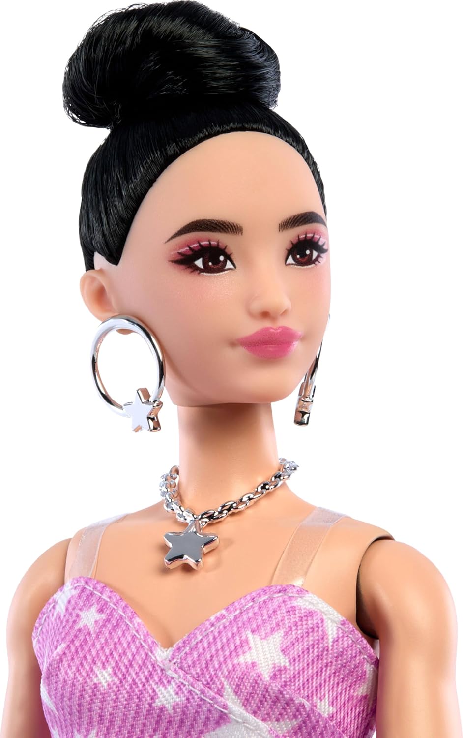 Barbie-Puppe im Deluxe-Stil in rosa Denim-Kleid mit Sternenmuster und passenden Strumpfhosen