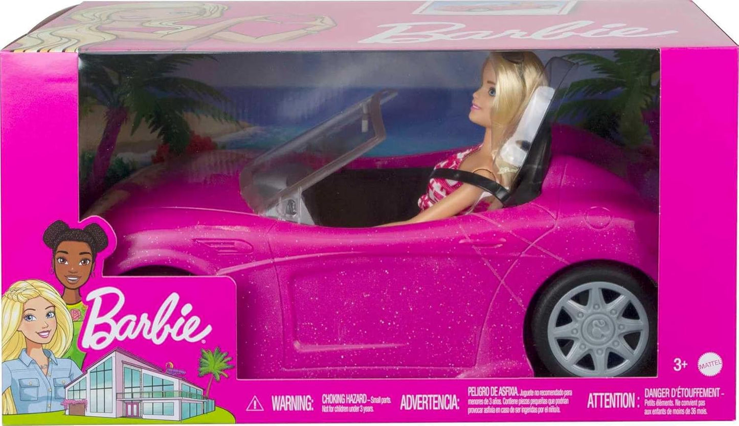 Set da gioco Barbie convertibile con bambola alla moda, auto rosa scintillante e accessori, dai 3 ai 7 anni