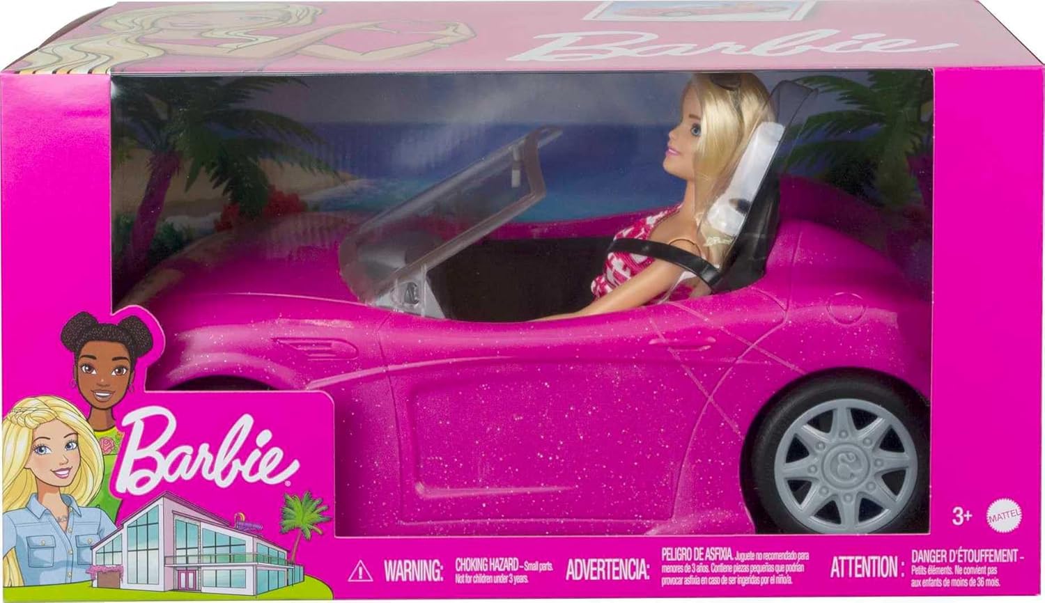 Set da gioco Barbie convertibile con bambola alla moda, auto rosa scintillante e accessori, dai 3 ai 7 anni