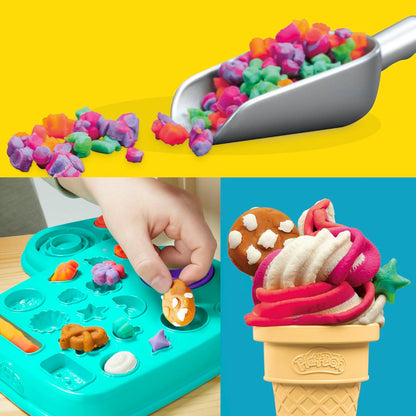 Das Play-Doh Rainbow Swirl Ice Cream-Spielset enthält 7 Küchenzubehörteile