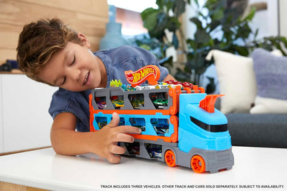 Hot Wheels Transporteur de piste de course 2 en 1 avec rangement et 3 voitures