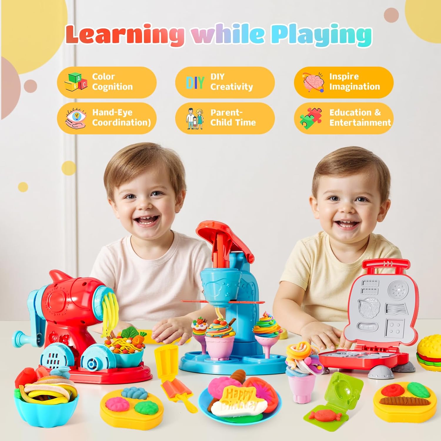 3-in-1-Farbspielknete-Set für Kinder, Eiscreme-, Hamburger- und Nudelmacher-Spielzeug, 12-Farben-Teig-Kunst- und Bastelset für Kinder im Alter von 3–12 Jahren