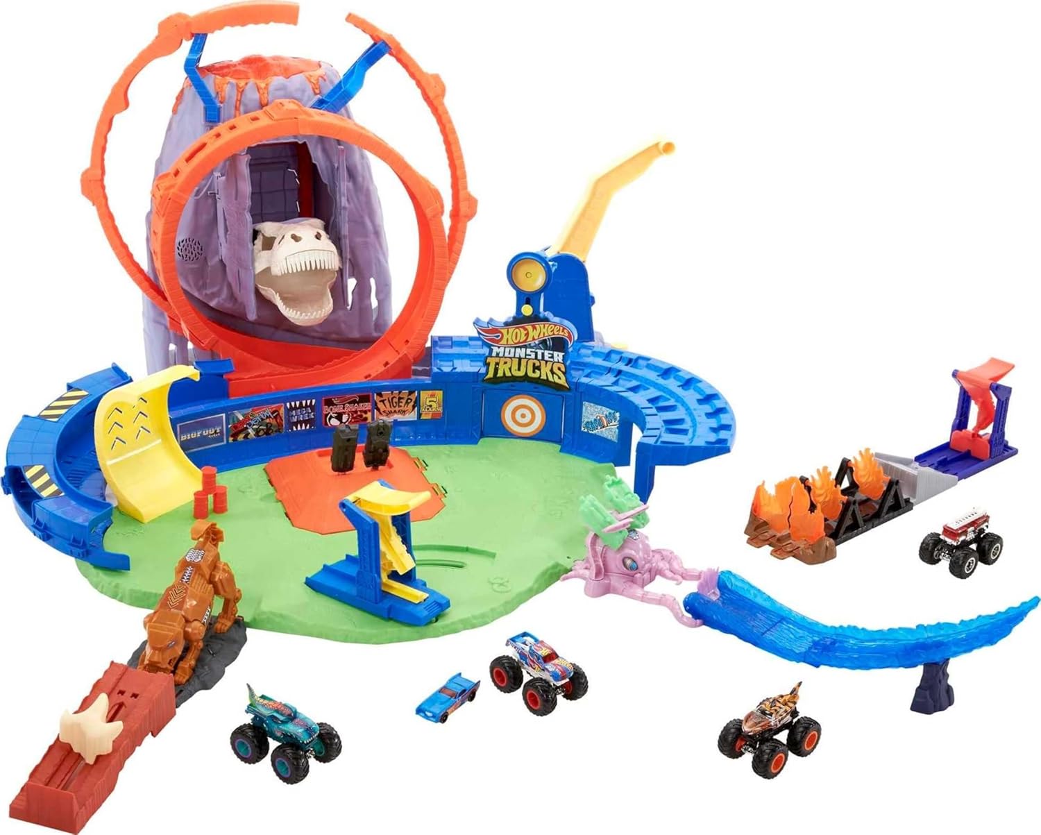 Hot Wheels Monster Trucks T-Rex Volcano Arena Coffret de jeu avec camion et voiture Race Ace