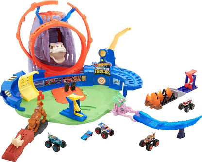 Hot Wheels Monster Trucks T-Rex Volcano Arena Coffret de jeu avec camion et voiture Race Ace