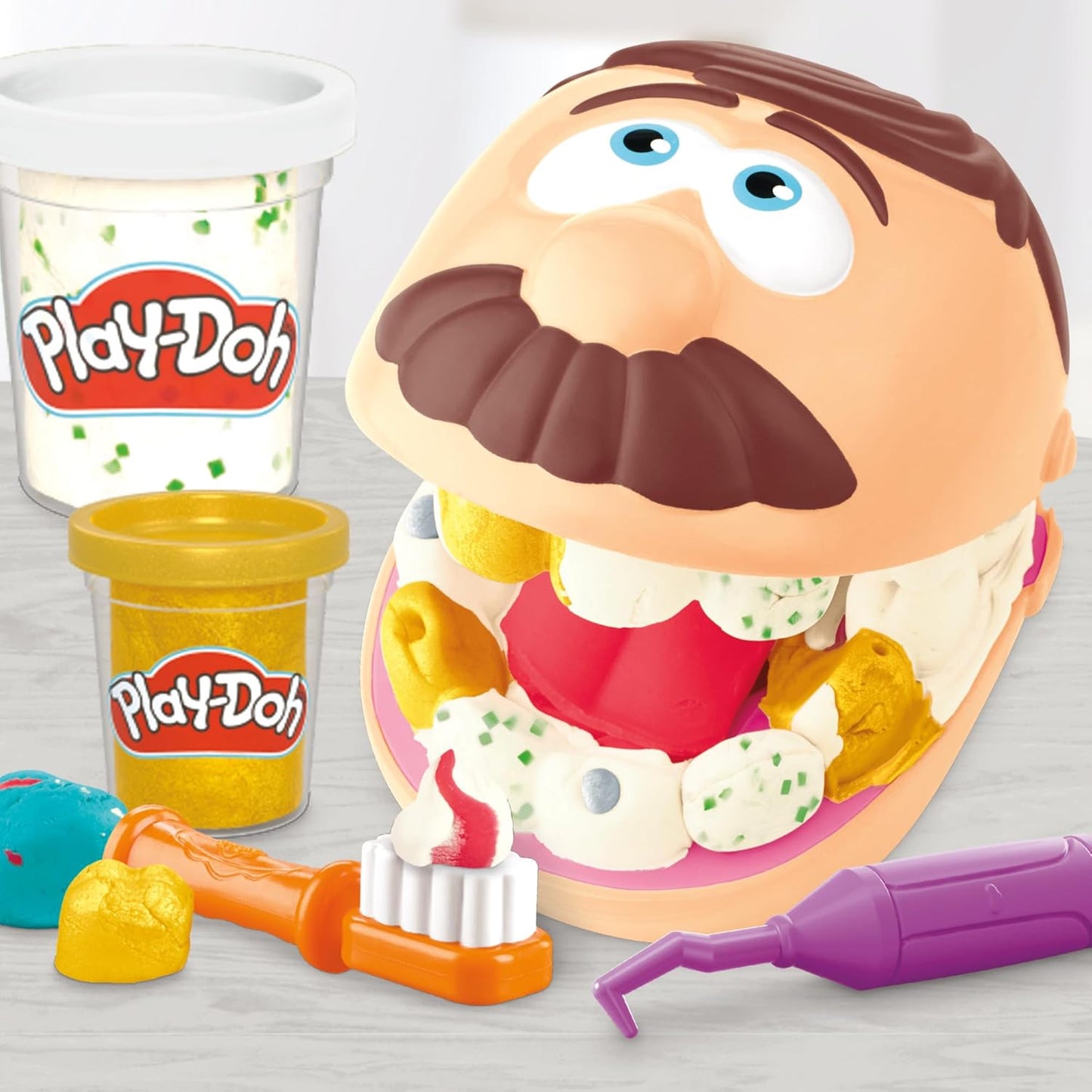 Play-Doh Drill ’n Fill Zahnarztspielzeug-Kinderspielset mit 10 Werkzeugen und 8 Dosen ab 3 Jahren