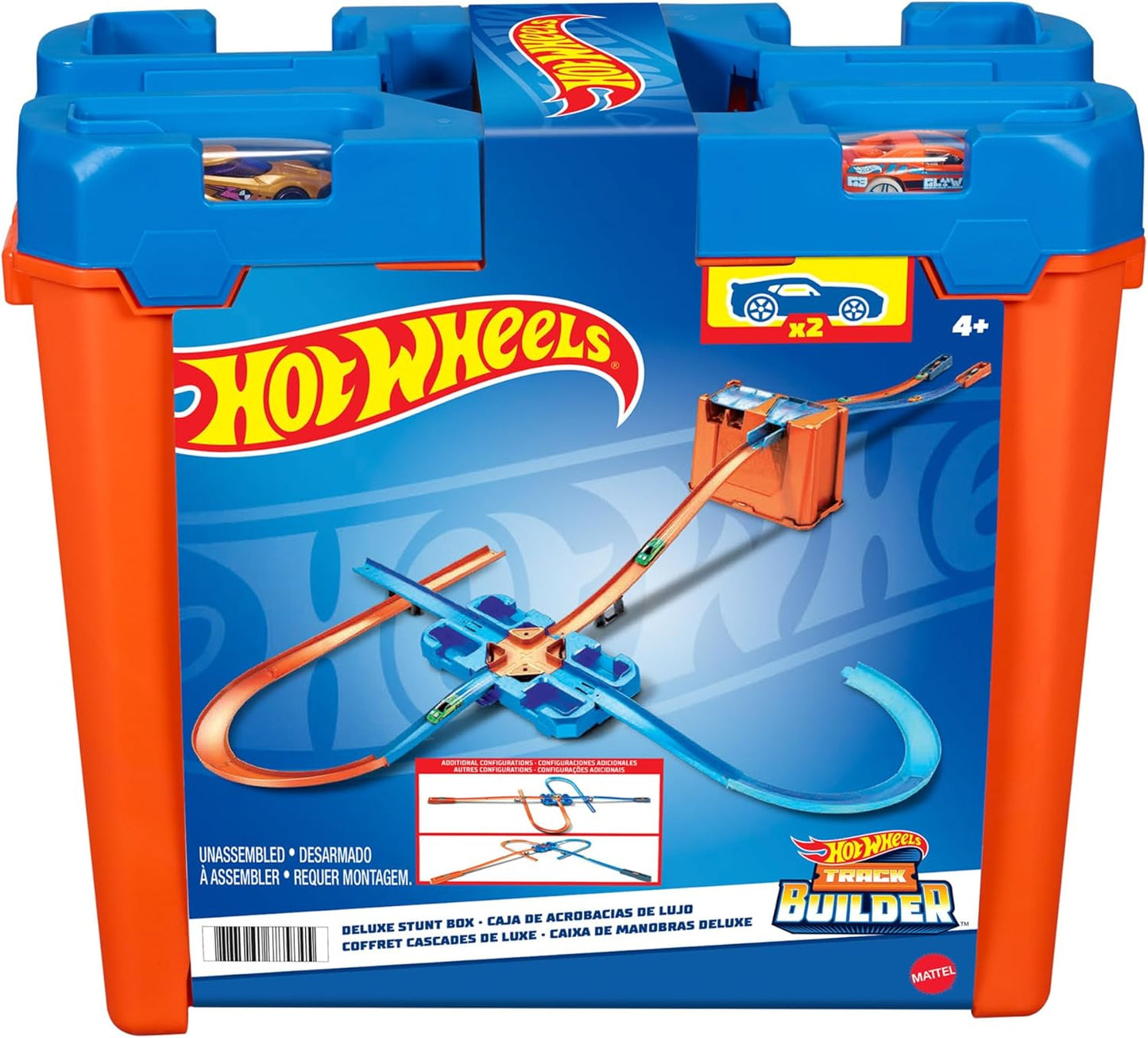 Hot Wheels Track Builder Deluxe Stunt Box avec pistes, accessoires et 2 voitures