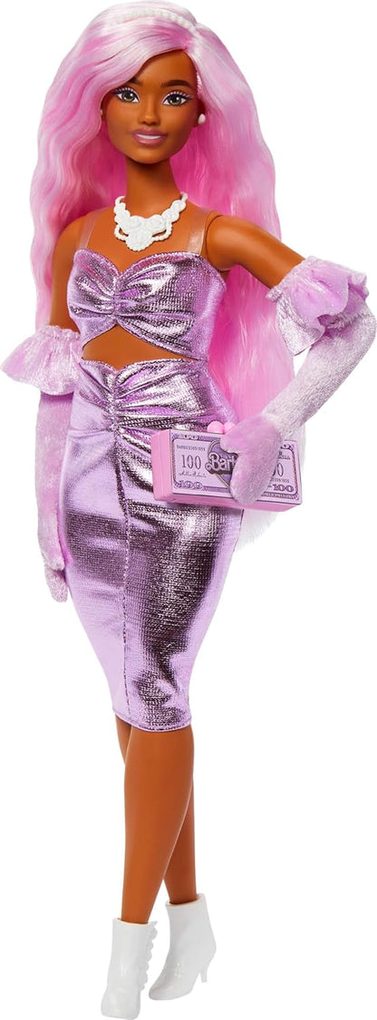 Poupée Barbie Deluxe Style dans une robe midi rose brillant
