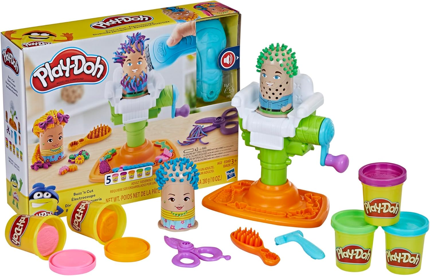 Play-Doh Buzz ’n Cut Fuzzy Pumper Barber Shop-Set, elektrischer Summer und 5 Farben, ab 3 Jahren
