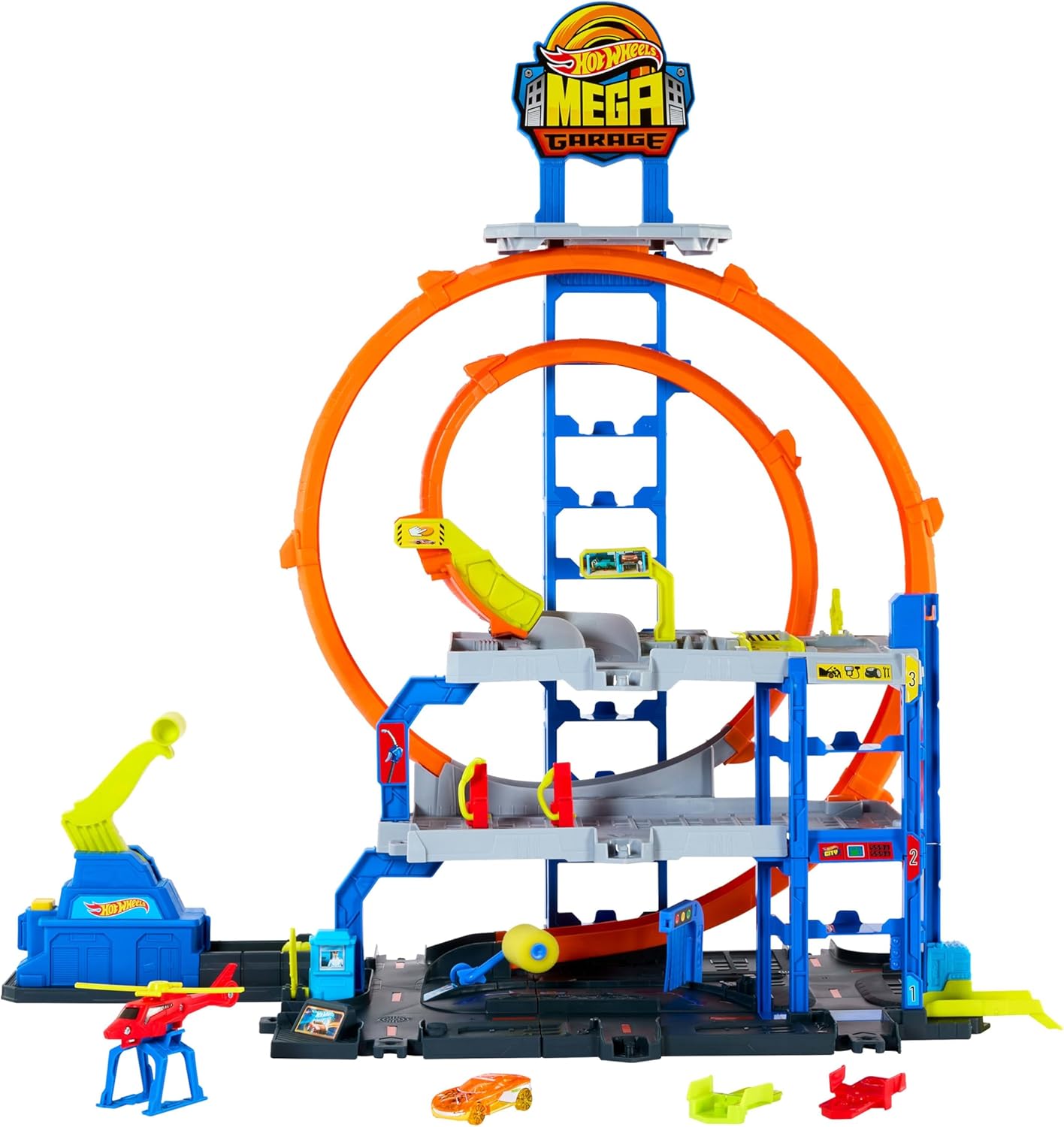 Hot Wheels City Mega-Parkhaus-Spielset mit Druckgussauto und Hubschrauber