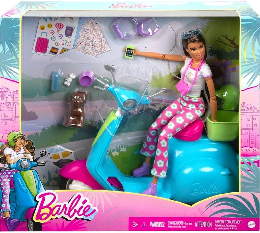 Barbie Fashionistas Reisespielset mit Puppe und Roller, Welpen und Zubehör für 3–7 Jahre