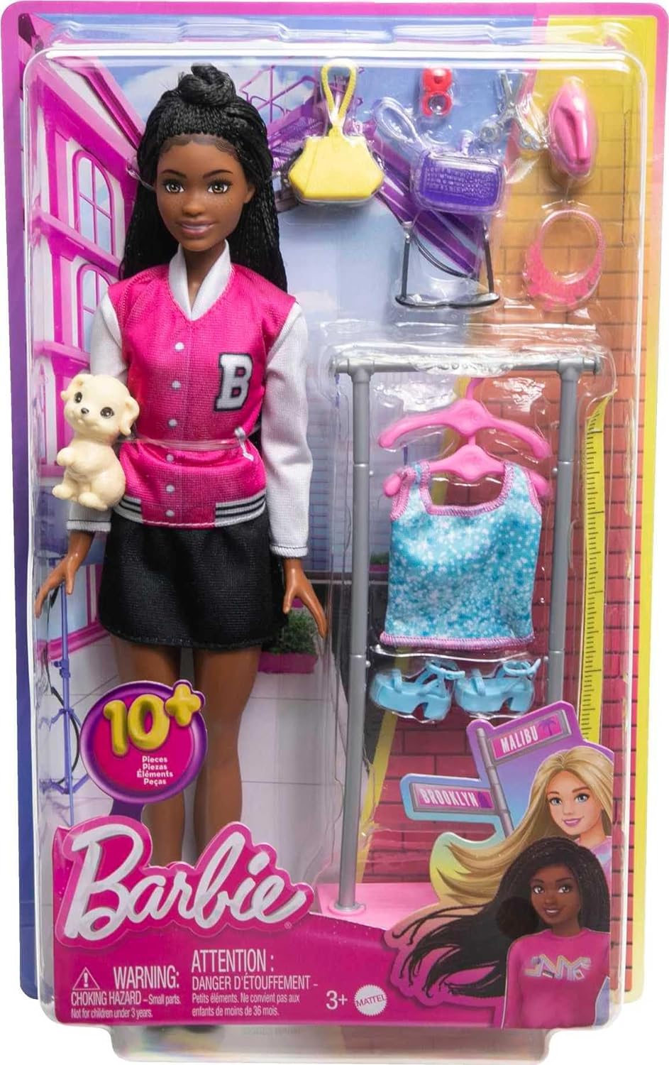 Poupée Barbie Brooklyn avec porte-vêtements, haut, pièces de mode, chiot et plus