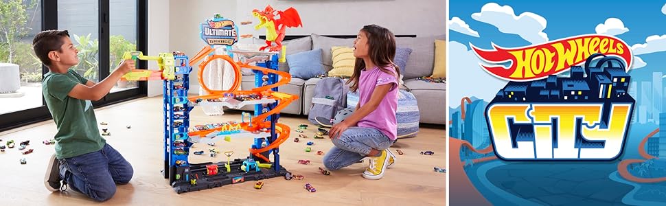 Hot Wheels City Ultimate Garage Playset avec dragon, ascenseur, boucle et 2 voitures
