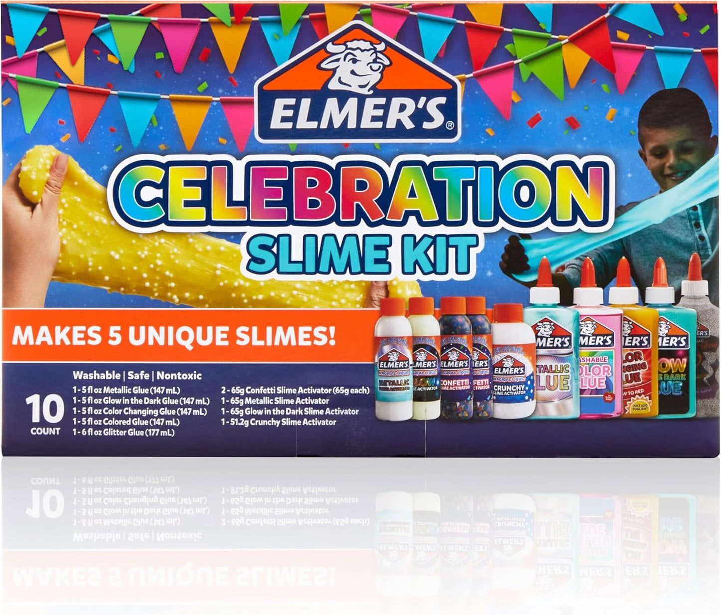 Elmer's Celebration Slime Kit 10-teiliges Komplettset mit metallischen, leuchtenden, glitzernden, farbwechselnden und knusprigen Effekten, sicher, waschbar, ungiftig, ab 6 Jahren