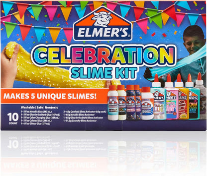 Elmer's Celebration Slime Kit 10-teiliges Komplettset mit metallischen, leuchtenden, glitzernden, farbwechselnden und knusprigen Effekten, sicher, waschbar, ungiftig, ab 6 Jahren
