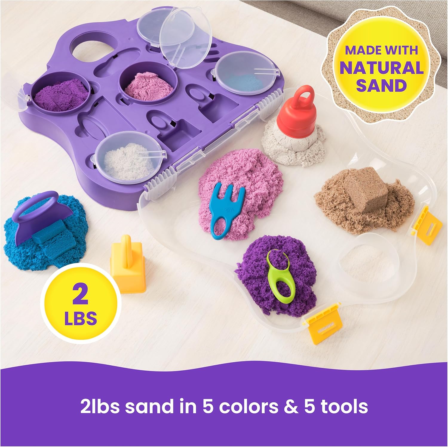 Kinetischer Sand, Sortenkoffer mit 907 g Spielsand (Strand, Neon und Schimmer) und 5 Werkzeugen, wiederverwendbare Aufbewahrung