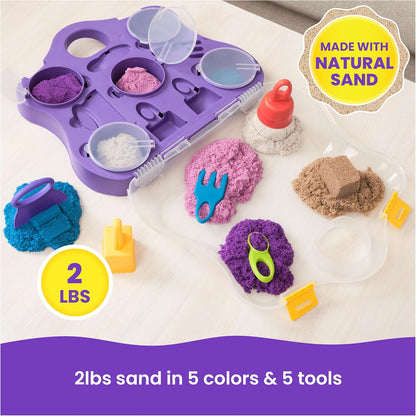 Kinetischer Sand, Sortenkoffer mit 907 g Spielsand (Strand, Neon und Schimmer) und 5 Werkzeugen, wiederverwendbare Aufbewahrung