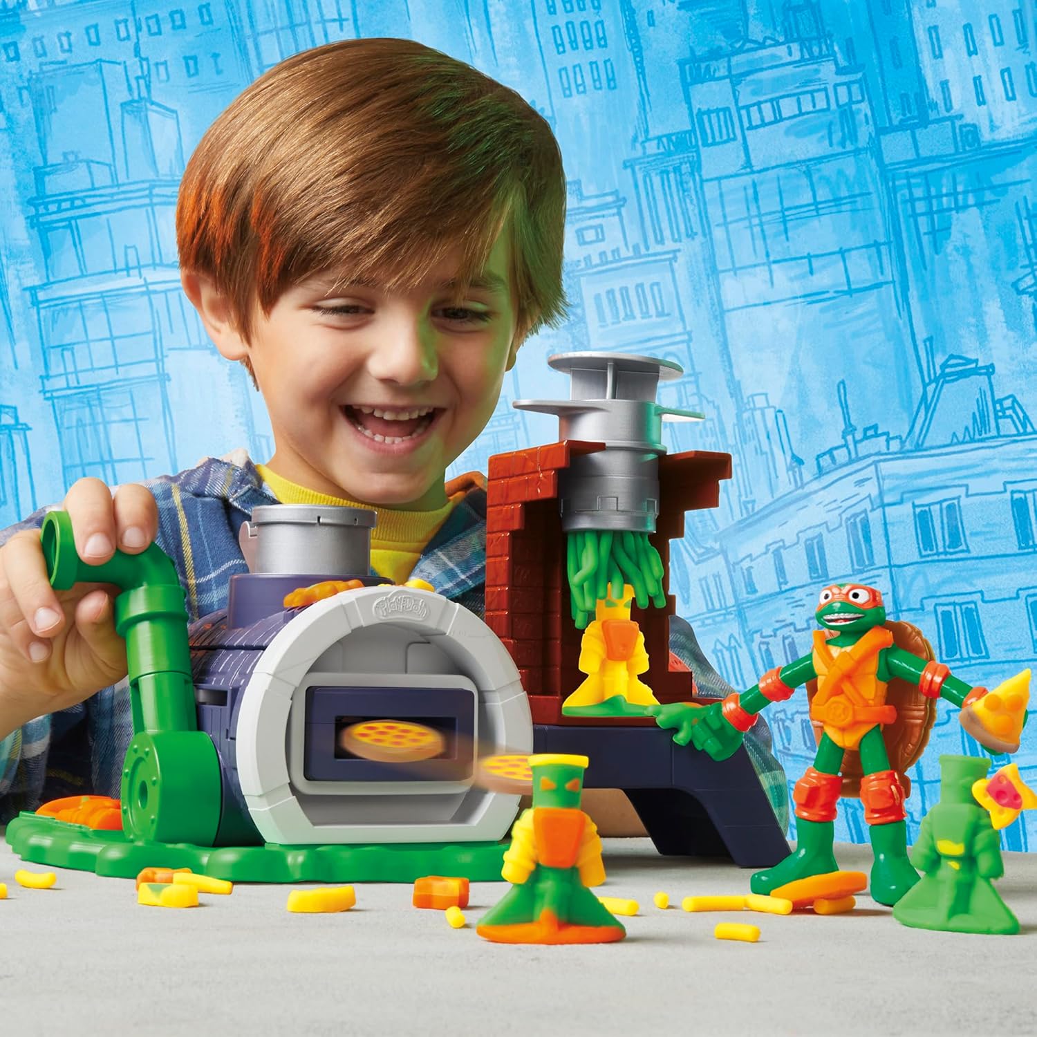 Play-Doh Teenage Mutant Ninja Turtles Slice & Blast Pizza-Spielset Bendy Michelangelo-Figur und Pizza-Blaster-Spielzeug für Kinder ab 4 Jahren