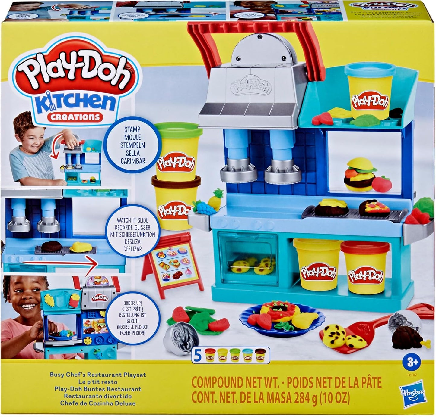 Play-Doh Kitchen Creations Busy Chef’s Restaurant-Spielset, zweiseitiges Küchen-Kochspielzeug für Kinder ab 3 Jahren