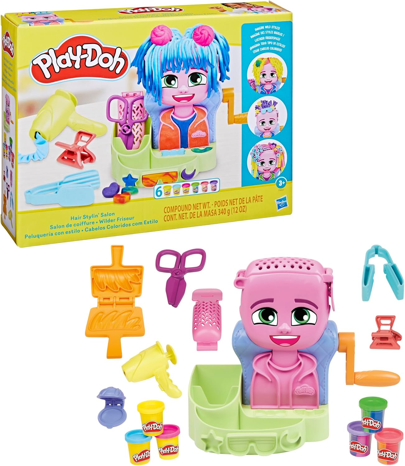 Play-Doh Hair Stylin’ Salon-Spielset. Erstellen Sie verrückte Frisuren mit 6 Play-Doh-Farben. Rollen Sie ein Salonspielzeug für Kinder ab 3 Jahren
