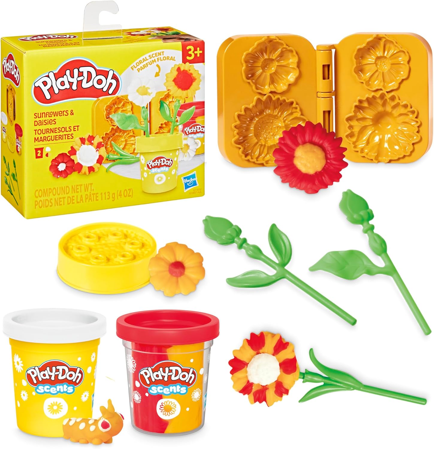 Play-Doh-Blumenspielzeug „Sonnenblumen und Gänseblümchen“ mit Blumenduft, Modelliermasse für Kinder, Kunst- und Bastelset für Kinder ab 3 Jahren