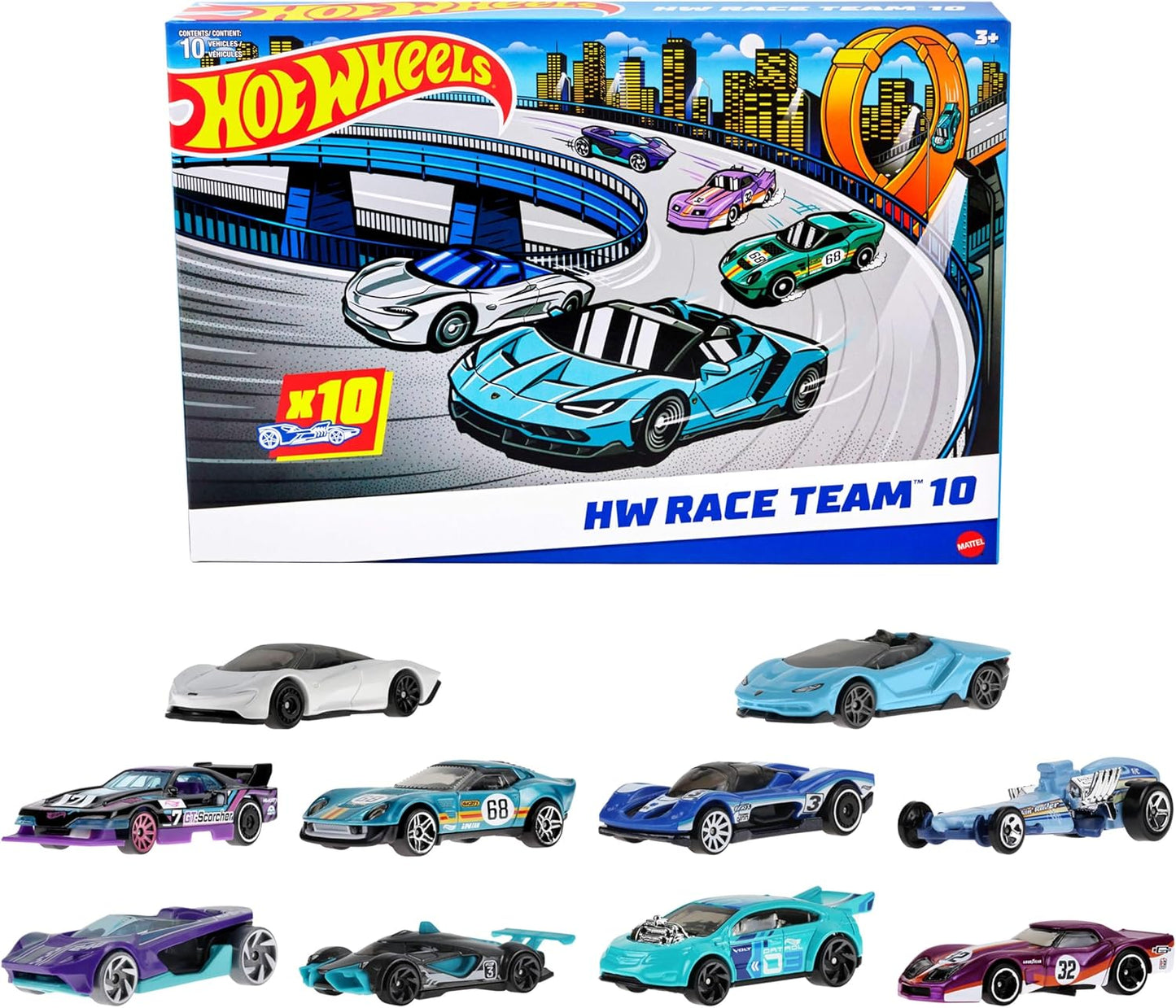 Hot Wheels 10er-Pack Rennwagen mit lizenzierten Modellen und Originalen