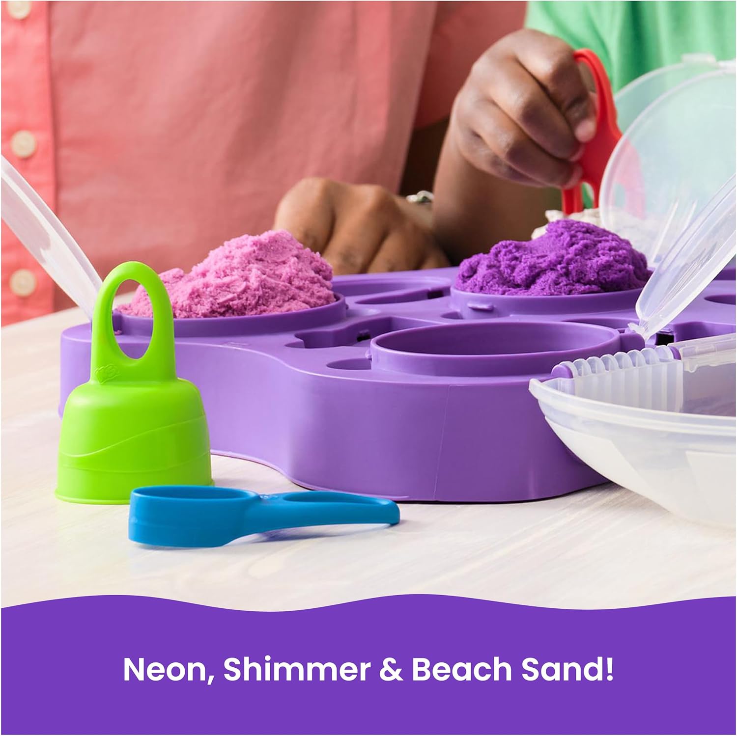 Kinetischer Sand, Sortenkoffer mit 907 g Spielsand (Strand, Neon und Schimmer) und 5 Werkzeugen, wiederverwendbare Aufbewahrung
