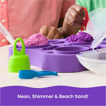 Kinetischer Sand, Sortenkoffer mit 907 g Spielsand (Strand, Neon und Schimmer) und 5 Werkzeugen, wiederverwendbare Aufbewahrung