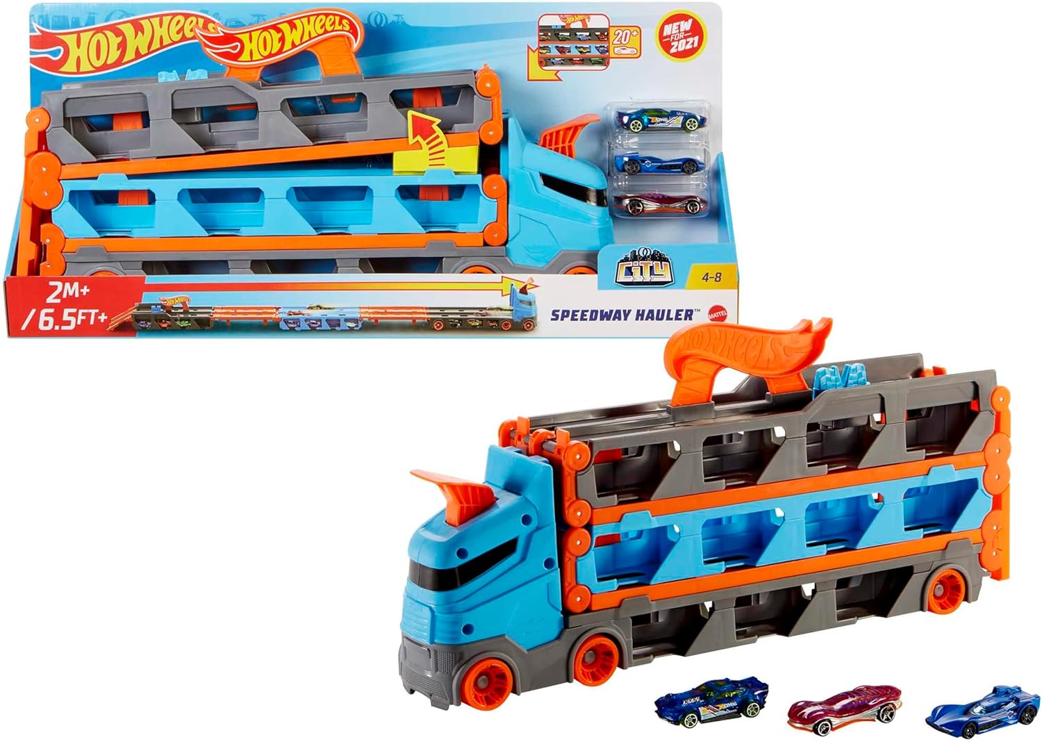 Hot Wheels Transporteur de piste de course 2 en 1 avec rangement et 3 voitures
