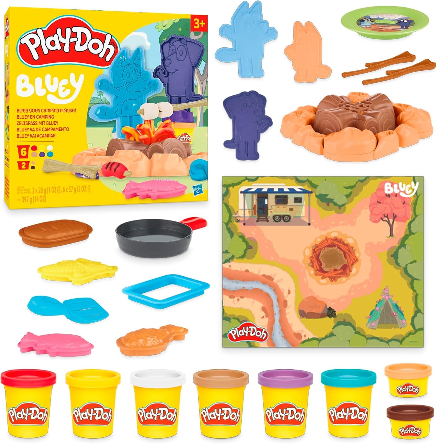 Play-Doh Bluey Goes Camping-Spielset, Lagerfeuer-Abenteuer mit Bluey, Bingo und Jean-Luc, Kunst- und Bastelspielzeug für Kinder ab 3 Jahren