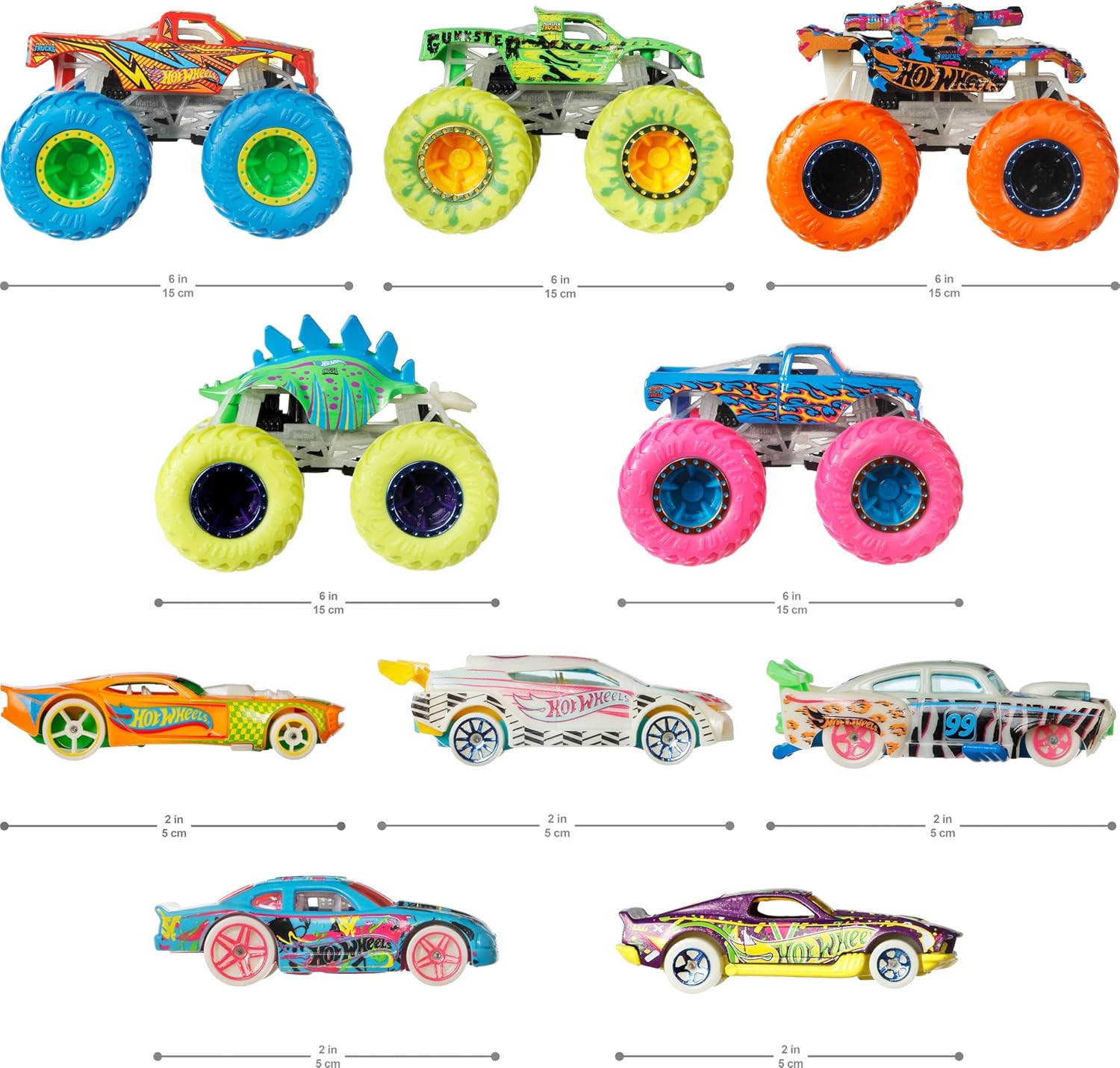 Veicoli Hot Wheels Monster Truck che si illuminano al buio, confezione da 10