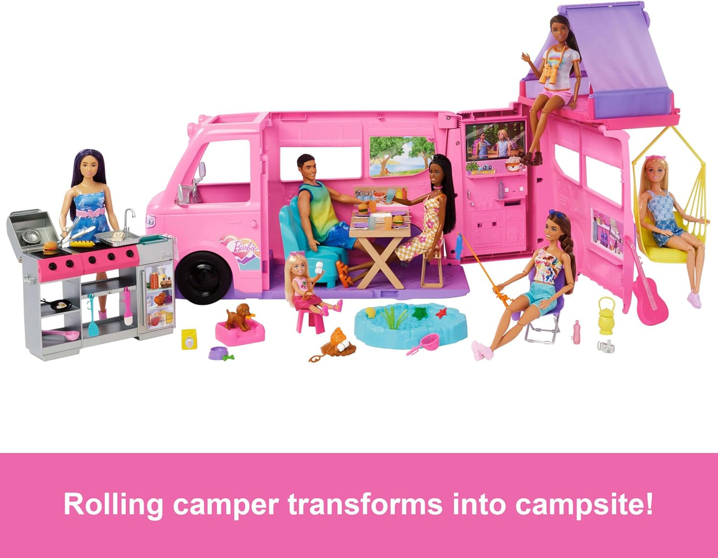 Barbie Dream Camper (Ausgabe 2025) Dachzelt, Schaukelstuhl, Angelteich und über 60 Zubehörteile ab 3 Jahren